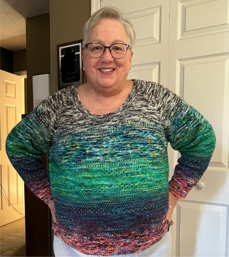 Jen wearing the finished sweater